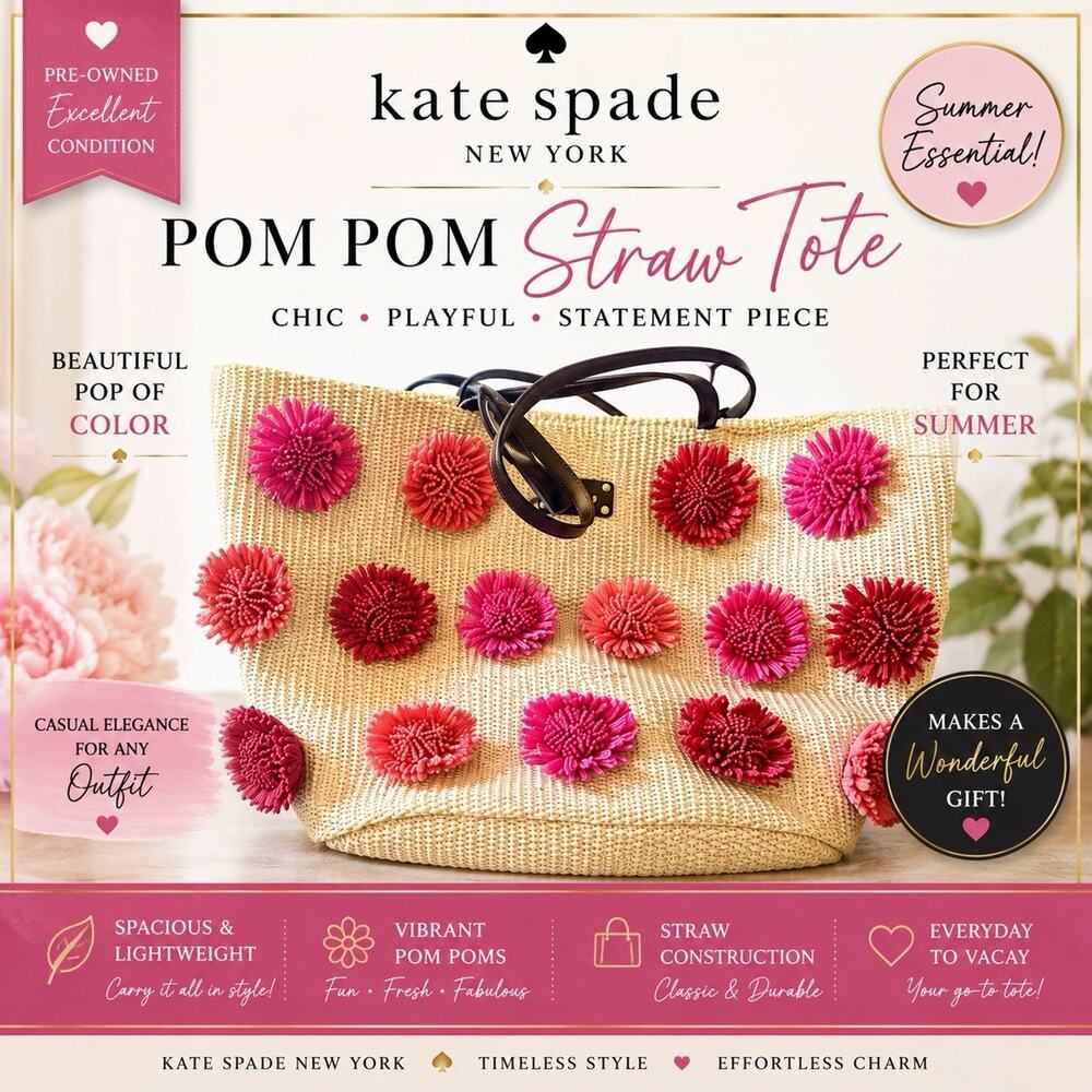 💋KATE SPADE New York York Floral Straw Tote Bag Pink Flower Appliqué Large💞